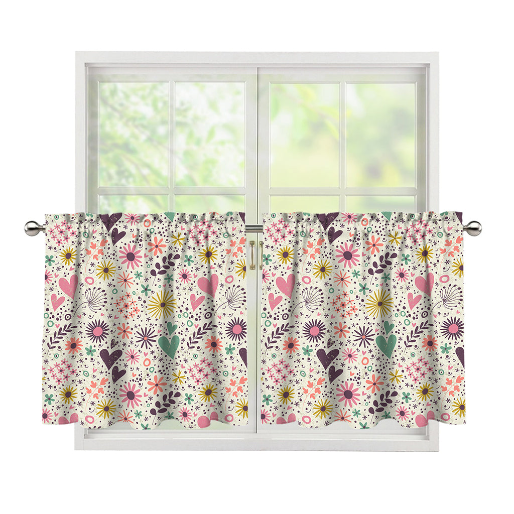 Girly Heart And Flower Pattern Print Tier Curtains