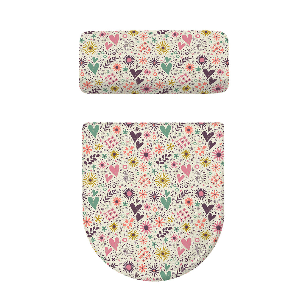 Girly Heart And Flower Pattern Print Toilet Lid And Tank Cover Set