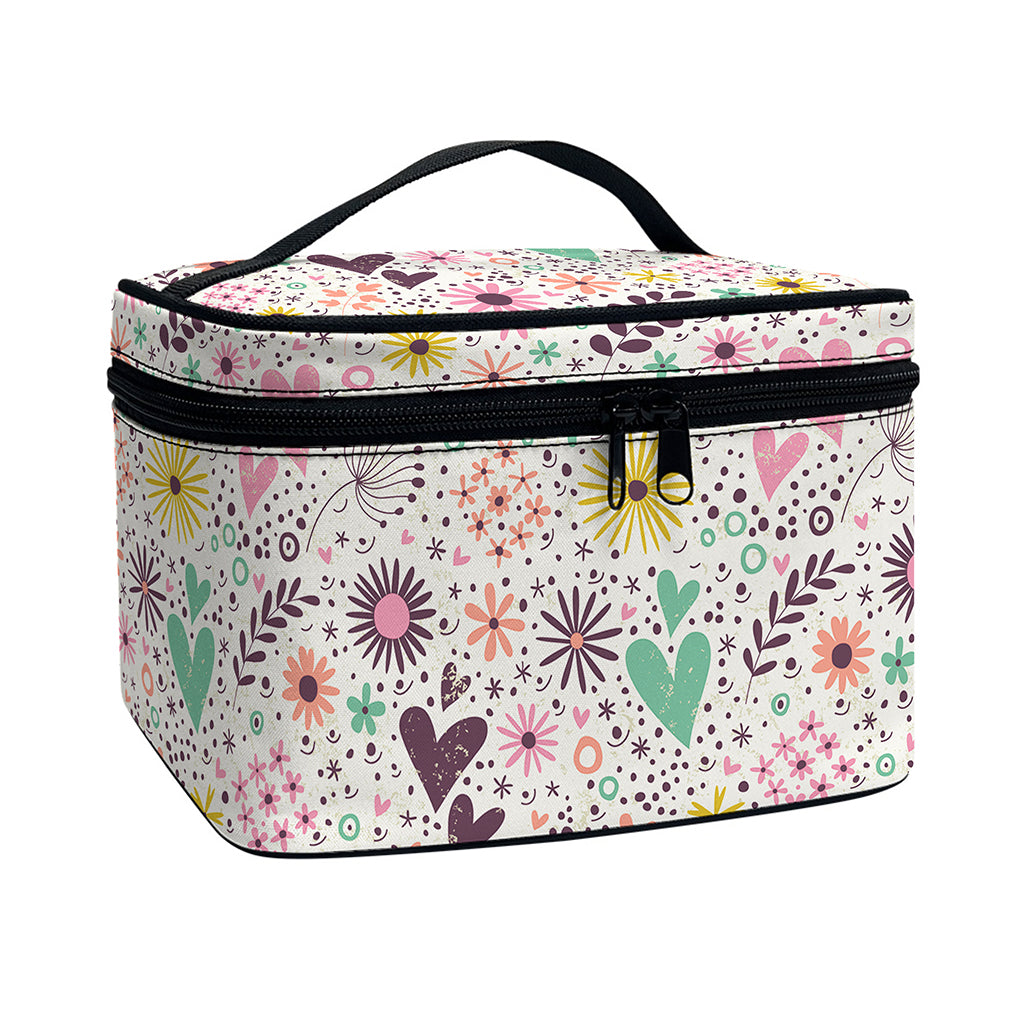 Girly Heart And Flower Pattern Print Travel Makeup Bag