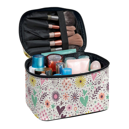 Girly Heart And Flower Pattern Print Travel Makeup Bag