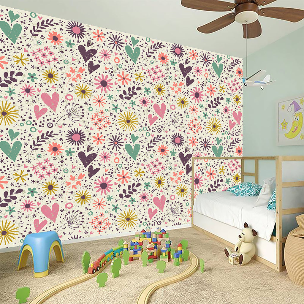 Girly Heart And Flower Pattern Print Wall Sticker