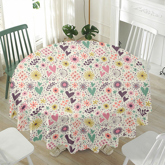 Girly Heart And Flower Pattern Print Waterproof Round Tablecloth