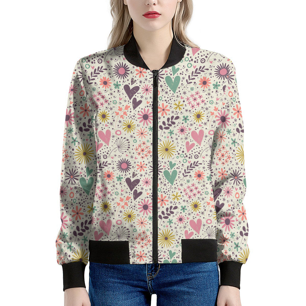 Girly Heart And Flower Pattern Print Women's Bomber Jacket