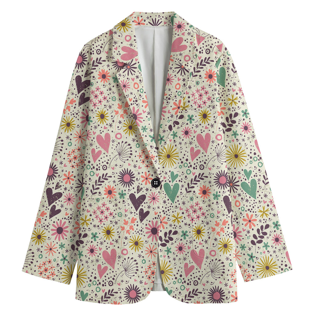 Girly Heart And Flower Pattern Print Women's Cotton Blazer