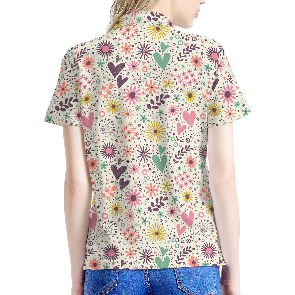 Girly Heart And Flower Pattern Print Women's Polo Shirt