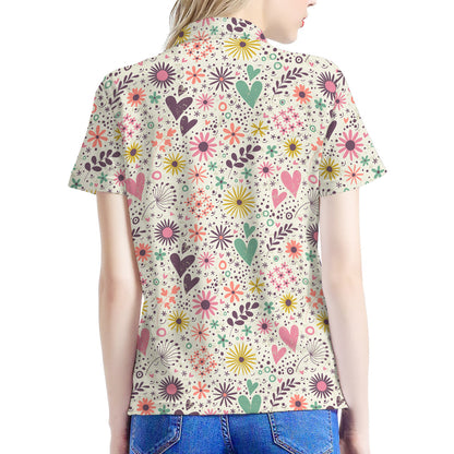 Girly Heart And Flower Pattern Print Women's Polo Shirt