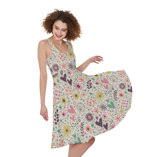Girly Heart And Flower Pattern Print Women's Sleeveless Dress