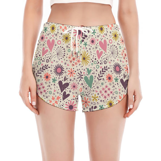 Girly Heart And Flower Pattern Print Women's Split Running Shorts