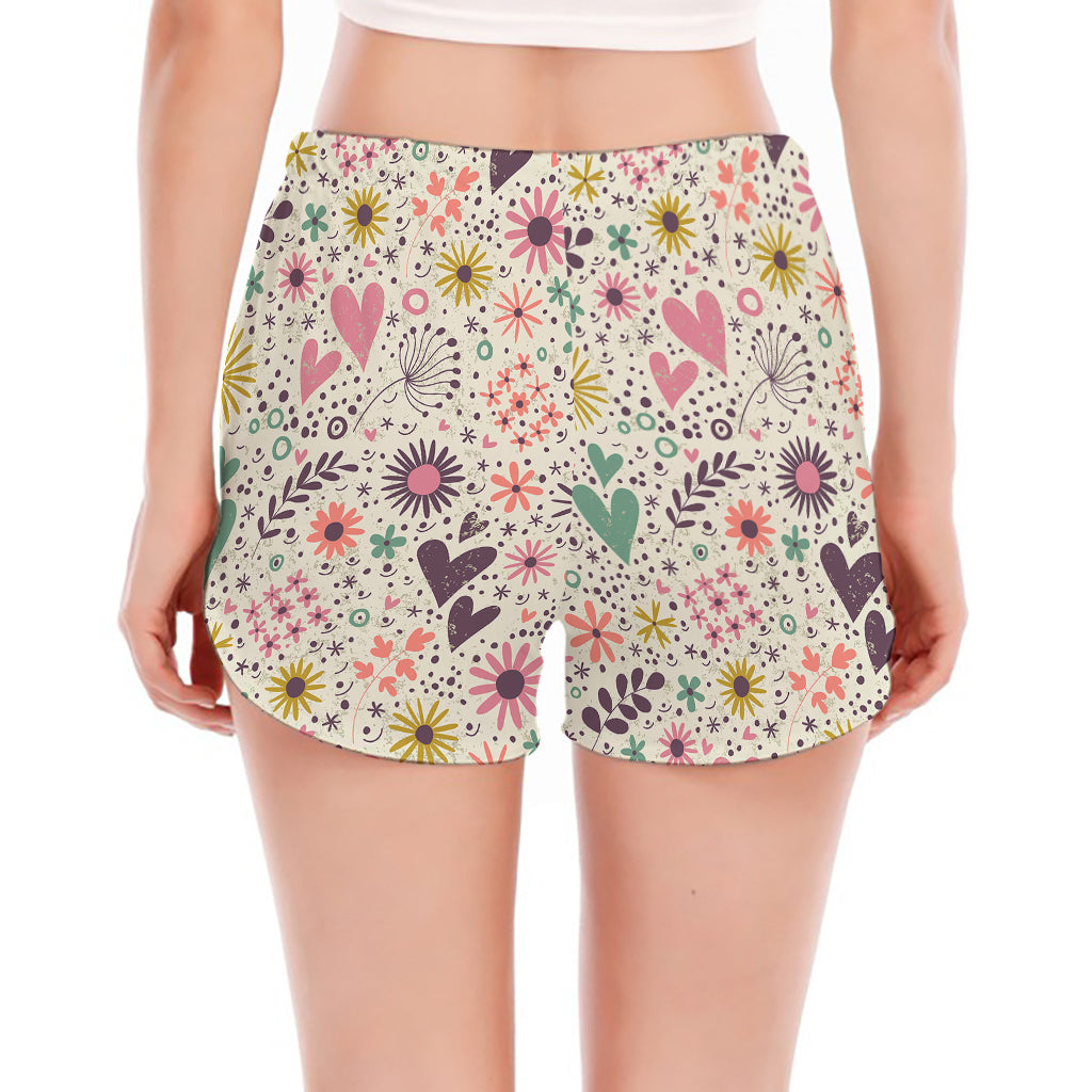 Girly Heart And Flower Pattern Print Women's Split Running Shorts
