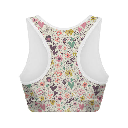 Girly Heart And Flower Pattern Print Women's Sports Bra