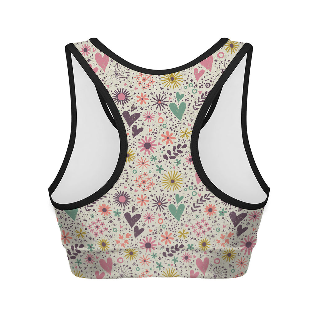 Girly Heart And Flower Pattern Print Women's Sports Bra