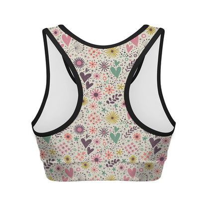 Girly Heart And Flower Pattern Print Women's Sports Bra