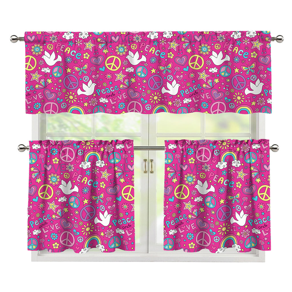 Girly Peace Sign And Love Pattern Print 3 Piece Kitchen Curtains