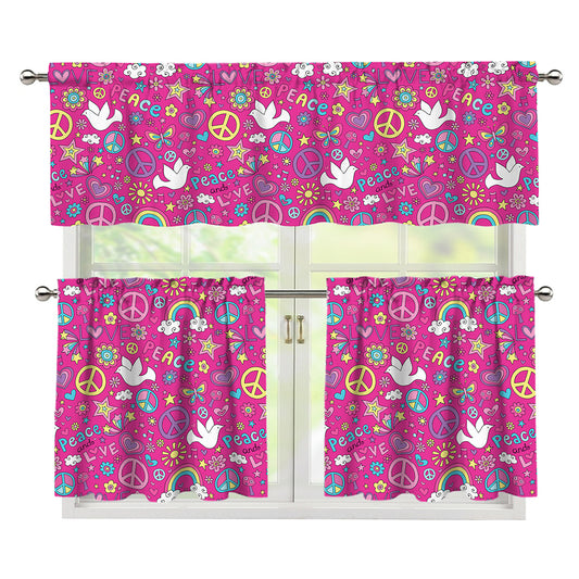 Girly Peace Sign And Love Pattern Print 3 Piece Kitchen Curtains