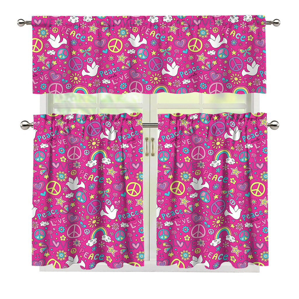 Girly Peace Sign And Love Pattern Print 3 Piece Kitchen Curtains