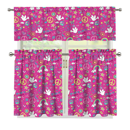 Girly Peace Sign And Love Pattern Print 3 Piece Kitchen Curtains