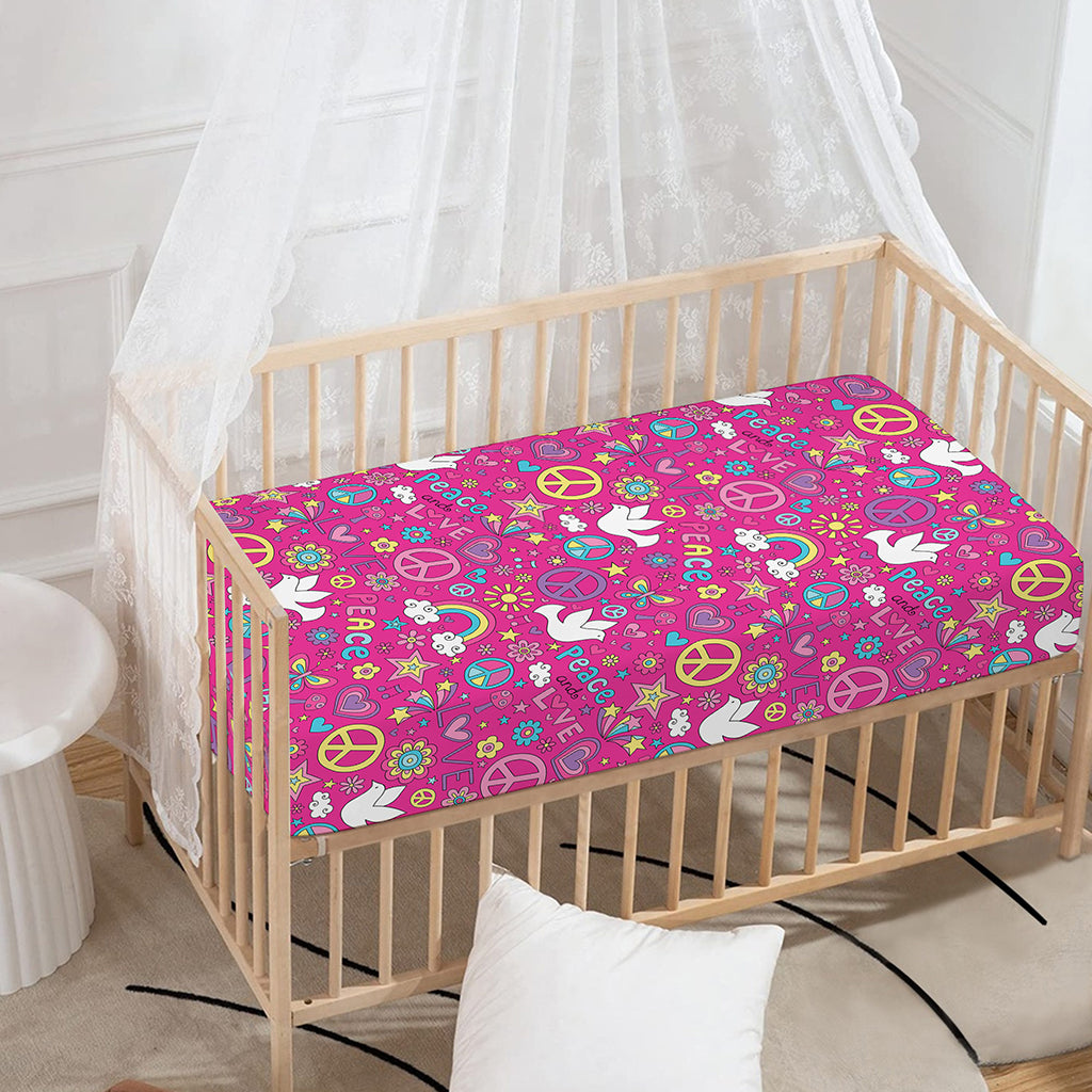 Girly Peace Sign And Love Pattern Print Baby Crib Sheet