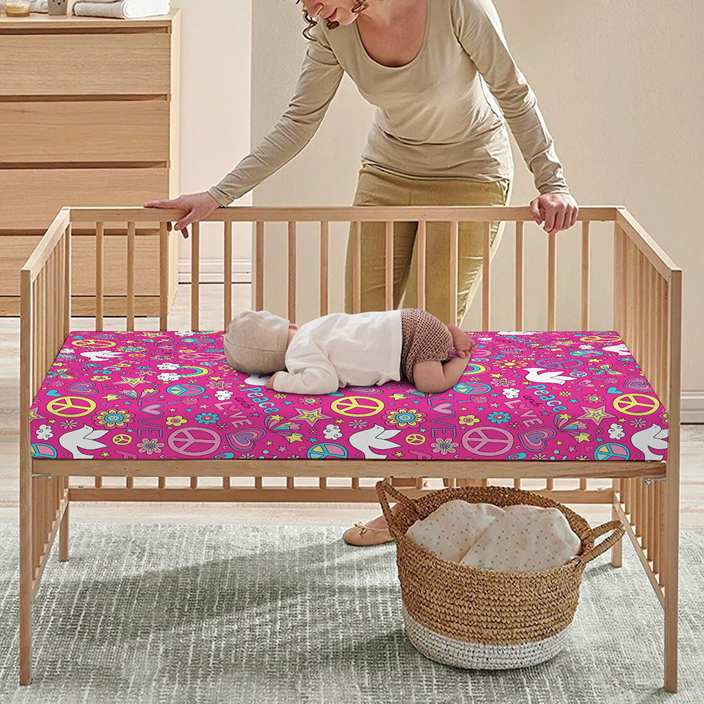 Girly Peace Sign And Love Pattern Print Baby Crib Sheet