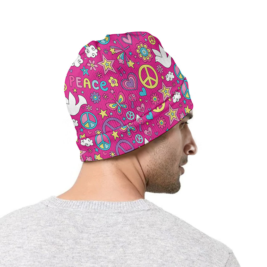 Girly Peace Sign And Love Pattern Print Beanie