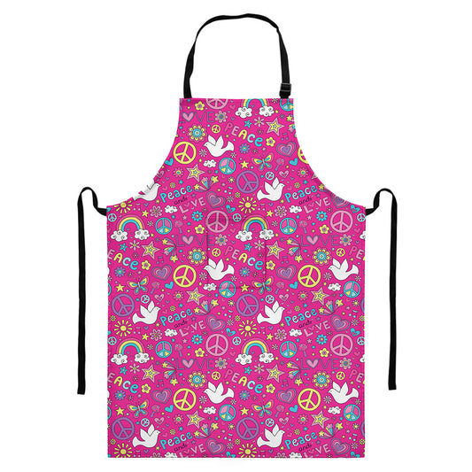 Girly Peace Sign And Love Pattern Print Bib Apron With Pocket