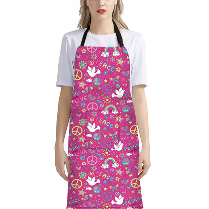 Girly Peace Sign And Love Pattern Print Bib Apron With Pocket