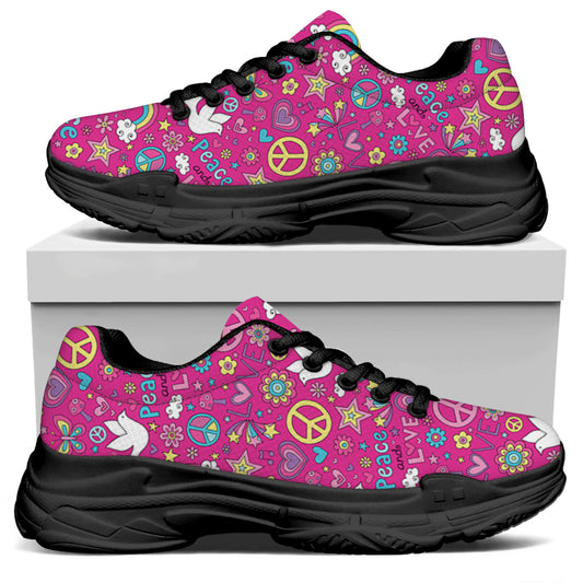 Girly Peace Sign And Love Pattern Print Black Chunky Shoes