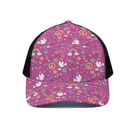 Girly Peace Sign And Love Pattern Print Black Mesh Trucker Cap