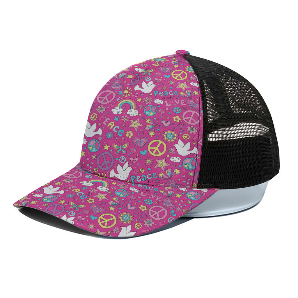 Girly Peace Sign And Love Pattern Print Black Mesh Trucker Cap