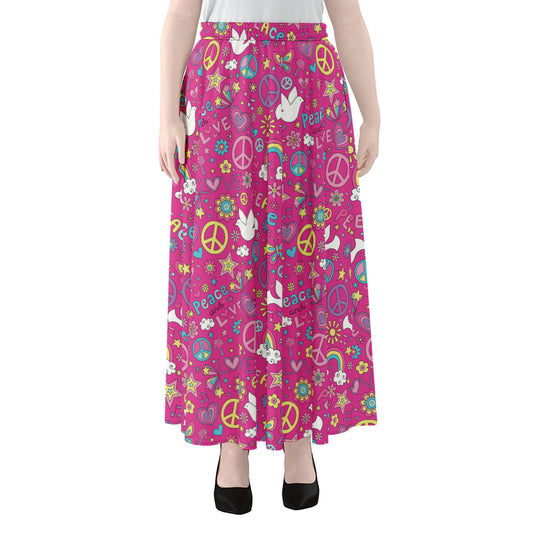 Girly Peace Sign And Love Pattern Print Chiffon Maxi Skirt