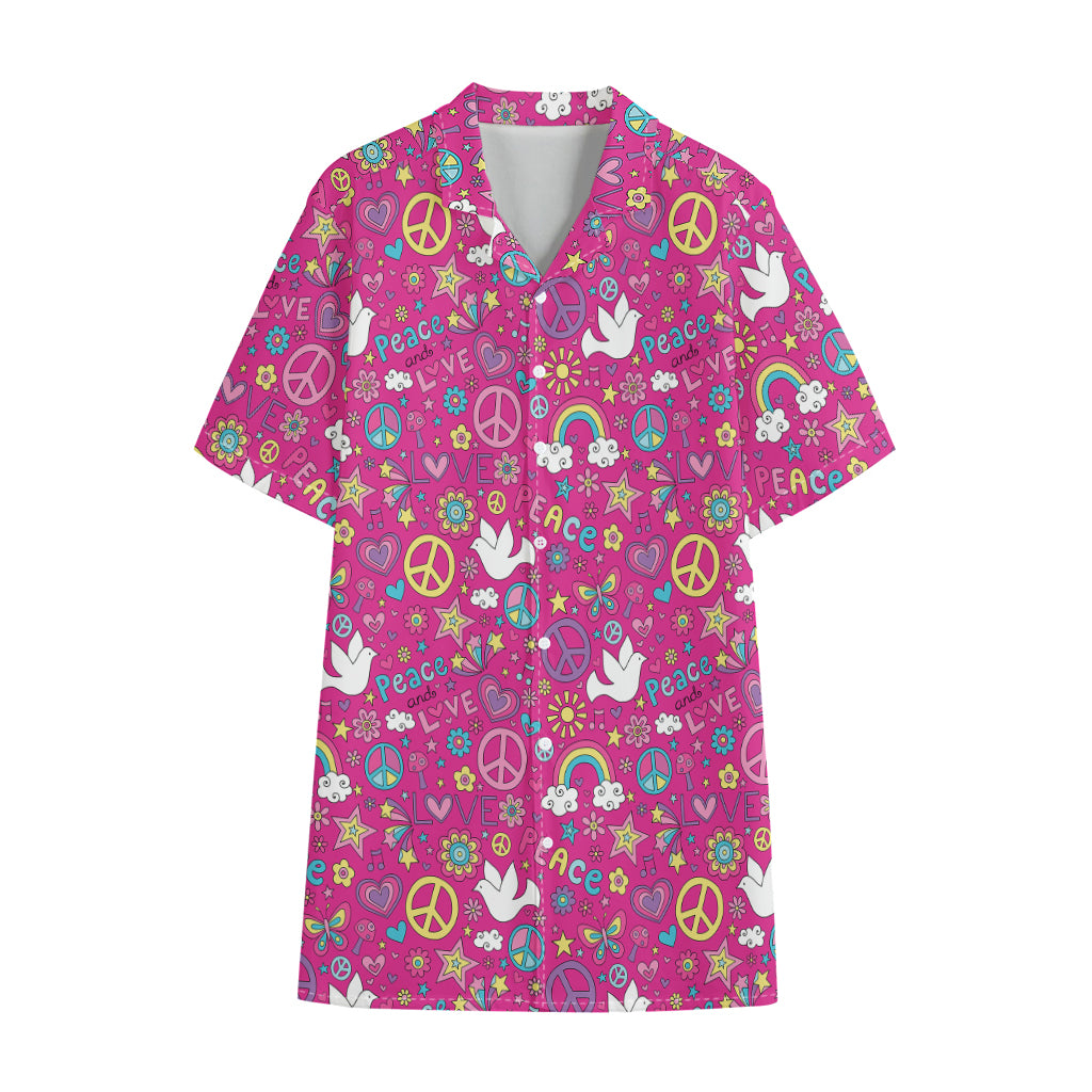 Girly Peace Sign And Love Pattern Print Cotton Hawaiian Shirt