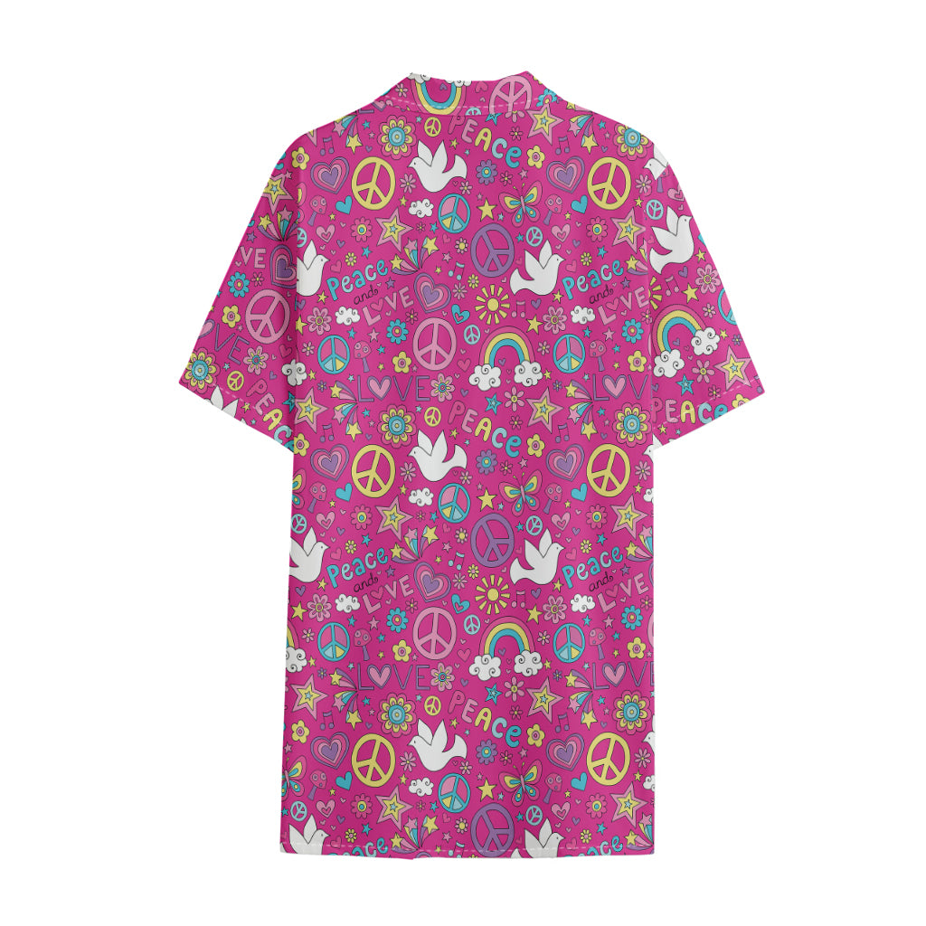 Girly Peace Sign And Love Pattern Print Cotton Hawaiian Shirt