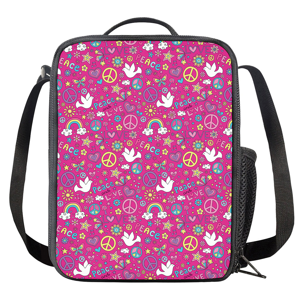 Girly Peace Sign And Love Pattern Print Crossbody Lunch Bag