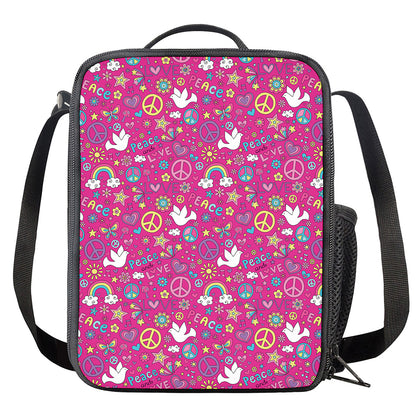 Girly Peace Sign And Love Pattern Print Crossbody Lunch Bag