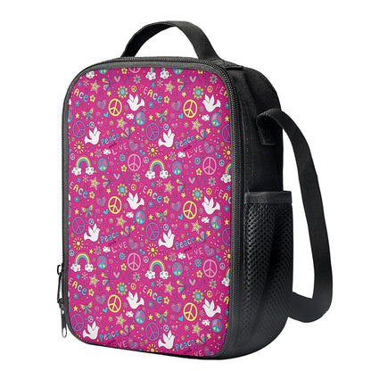 Girly Peace Sign And Love Pattern Print Crossbody Lunch Bag