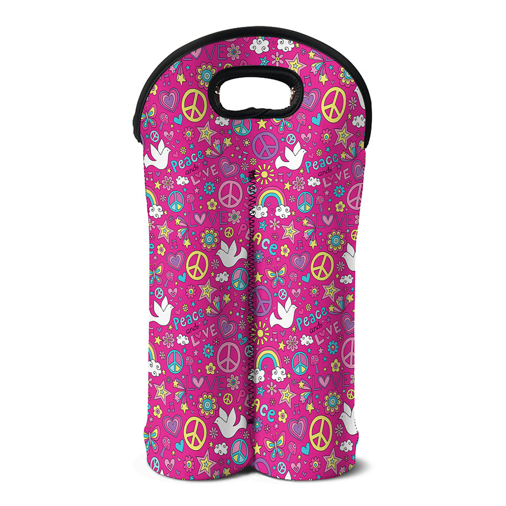 Girly Peace Sign And Love Pattern Print Double Neoprene Wine Tote