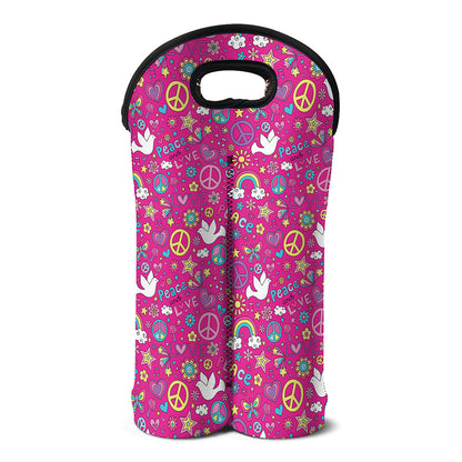 Girly Peace Sign And Love Pattern Print Double Neoprene Wine Tote