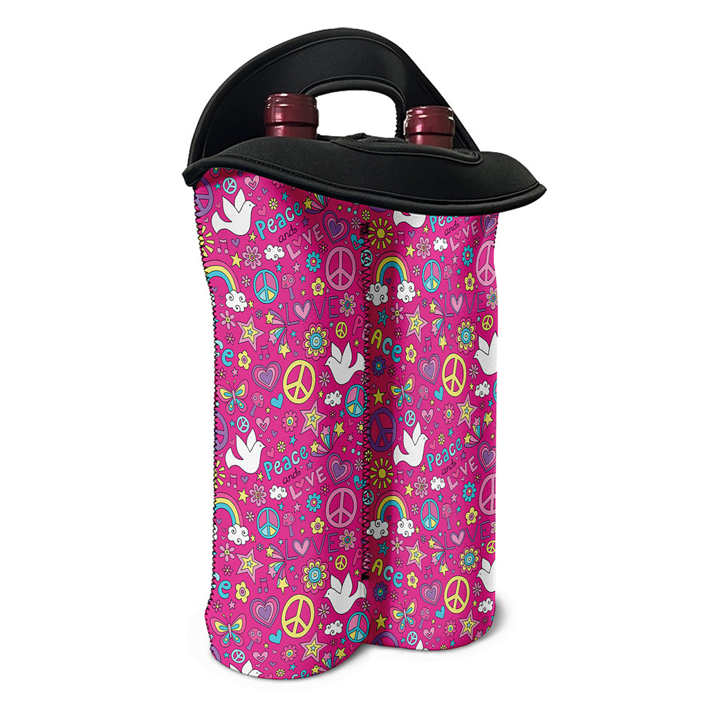 Girly Peace Sign And Love Pattern Print Double Neoprene Wine Tote
