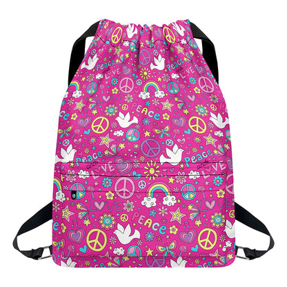 Girly Peace Sign And Love Pattern Print Drawstring Backpack