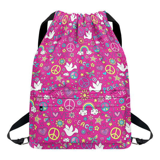 Girly Peace Sign And Love Pattern Print Drawstring Backpack