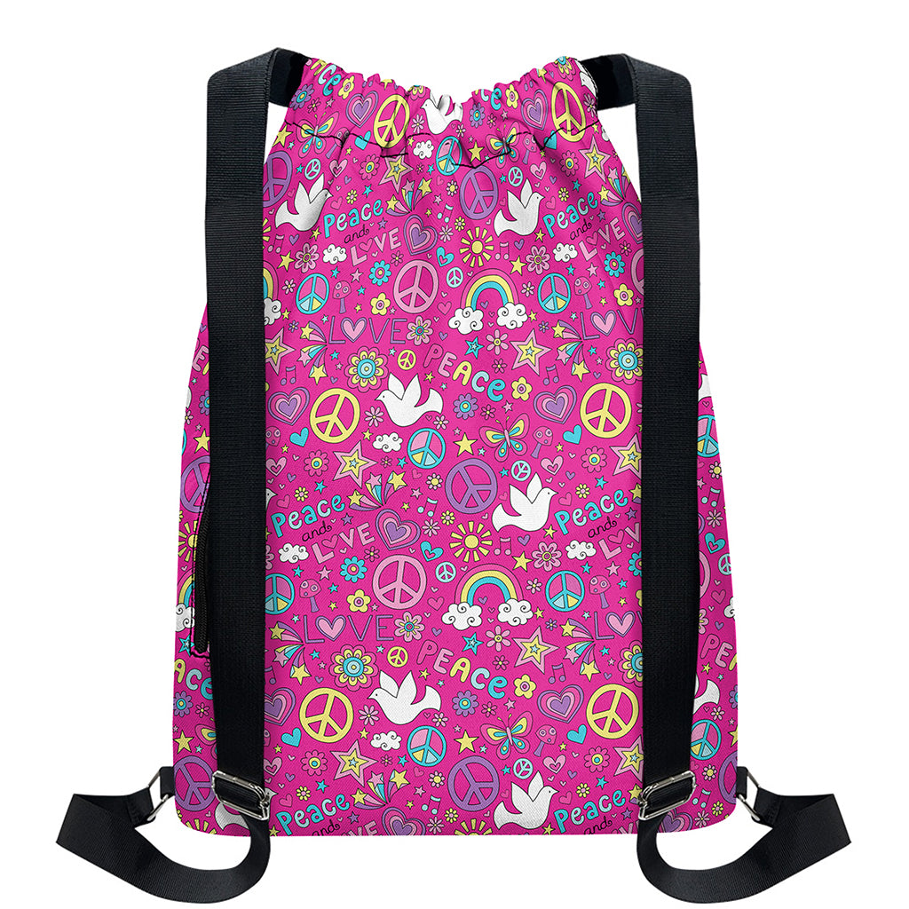 Girly Peace Sign And Love Pattern Print Drawstring Backpack