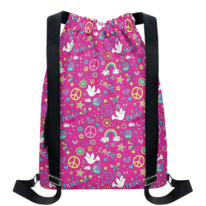 Girly Peace Sign And Love Pattern Print Drawstring Backpack