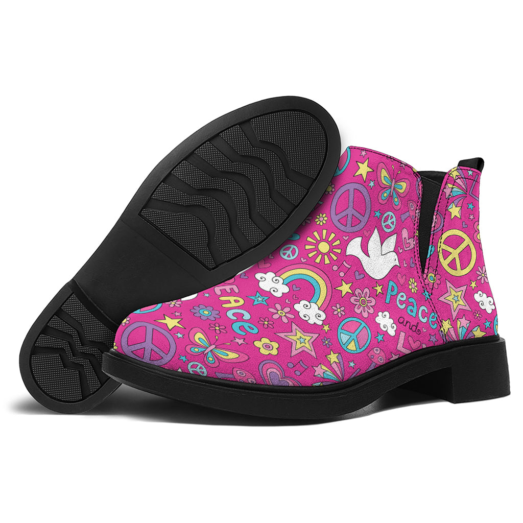 Girly Peace Sign And Love Pattern Print Flat Ankle Boots