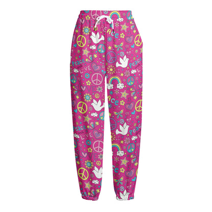 Girly Peace Sign And Love Pattern Print Fleece Lined Knit Pants