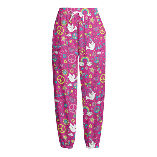 Girly Peace Sign And Love Pattern Print Fleece Lined Knit Pants