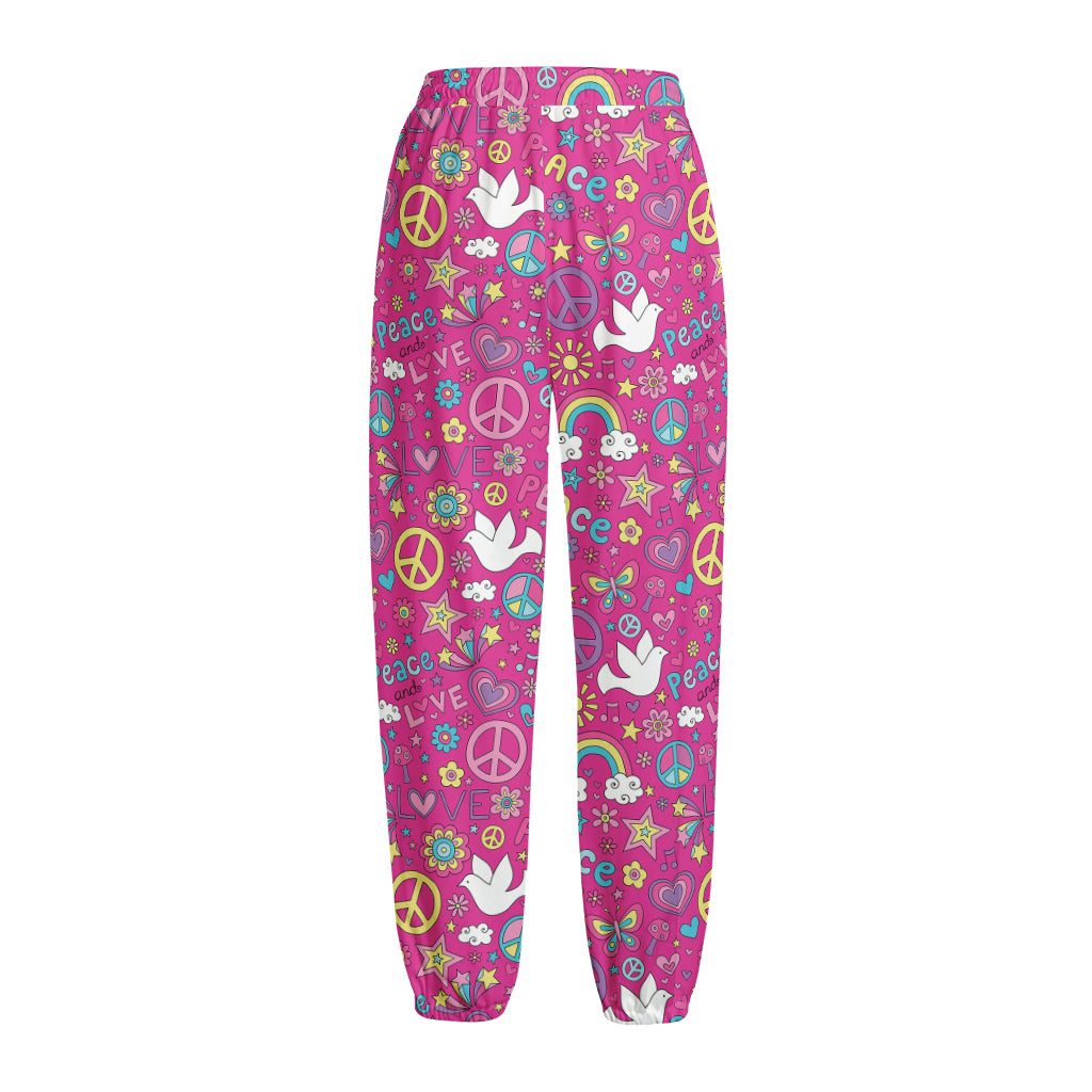 Girly Peace Sign And Love Pattern Print Fleece Lined Knit Pants