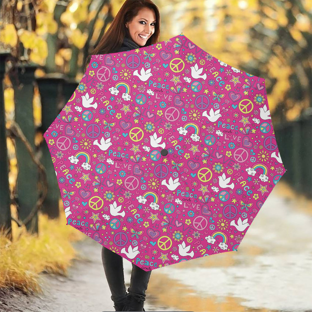 Girly Peace Sign And Love Pattern Print Foldable Umbrella