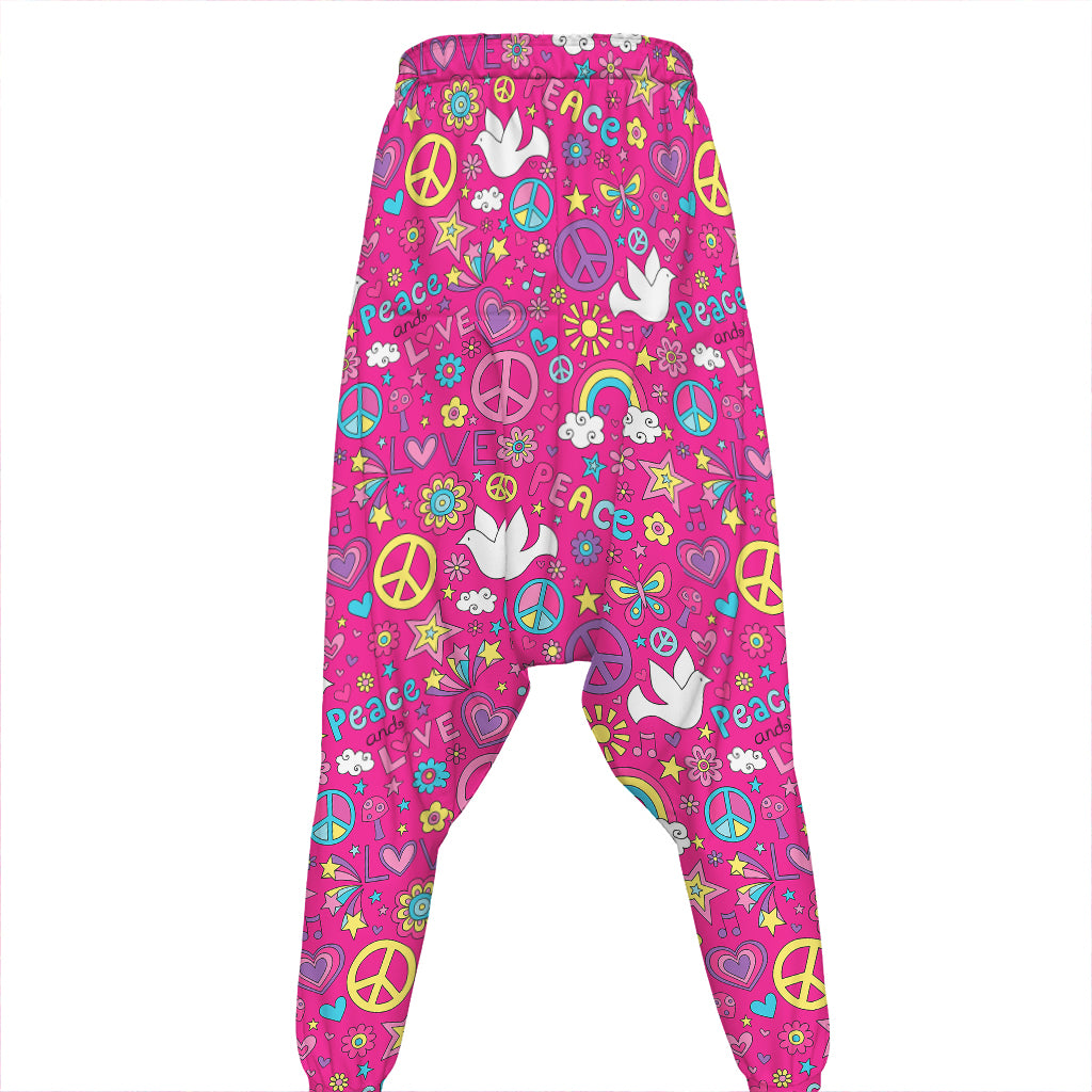 Girly Peace Sign And Love Pattern Print Hammer Pants