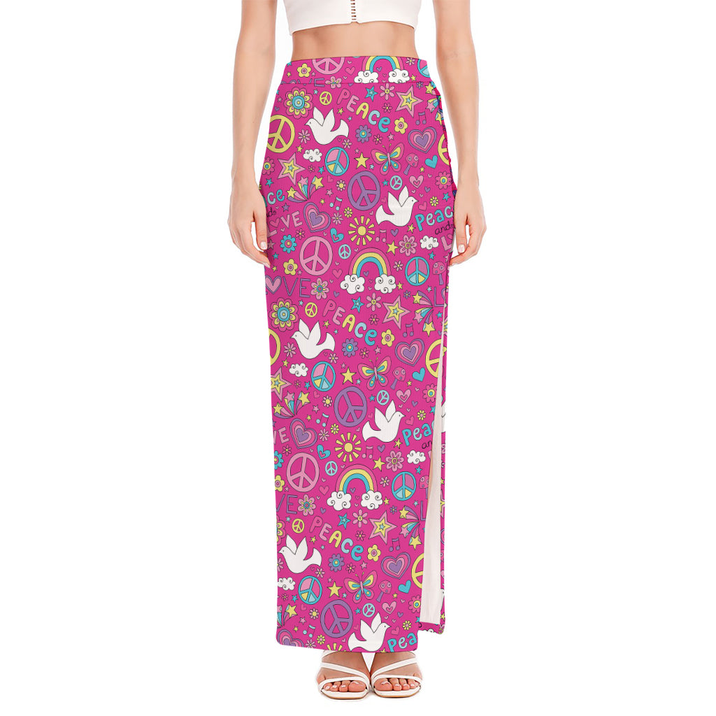 Girly Peace Sign And Love Pattern Print High Slit Maxi Skirt