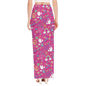 Girly Peace Sign And Love Pattern Print High Slit Maxi Skirt