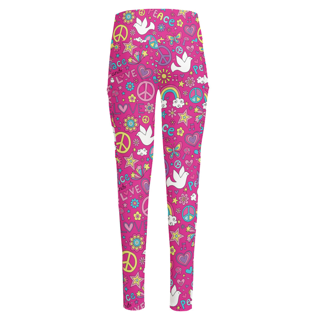 Girly Peace Sign And Love Pattern Print High-Waisted Pocket Leggings